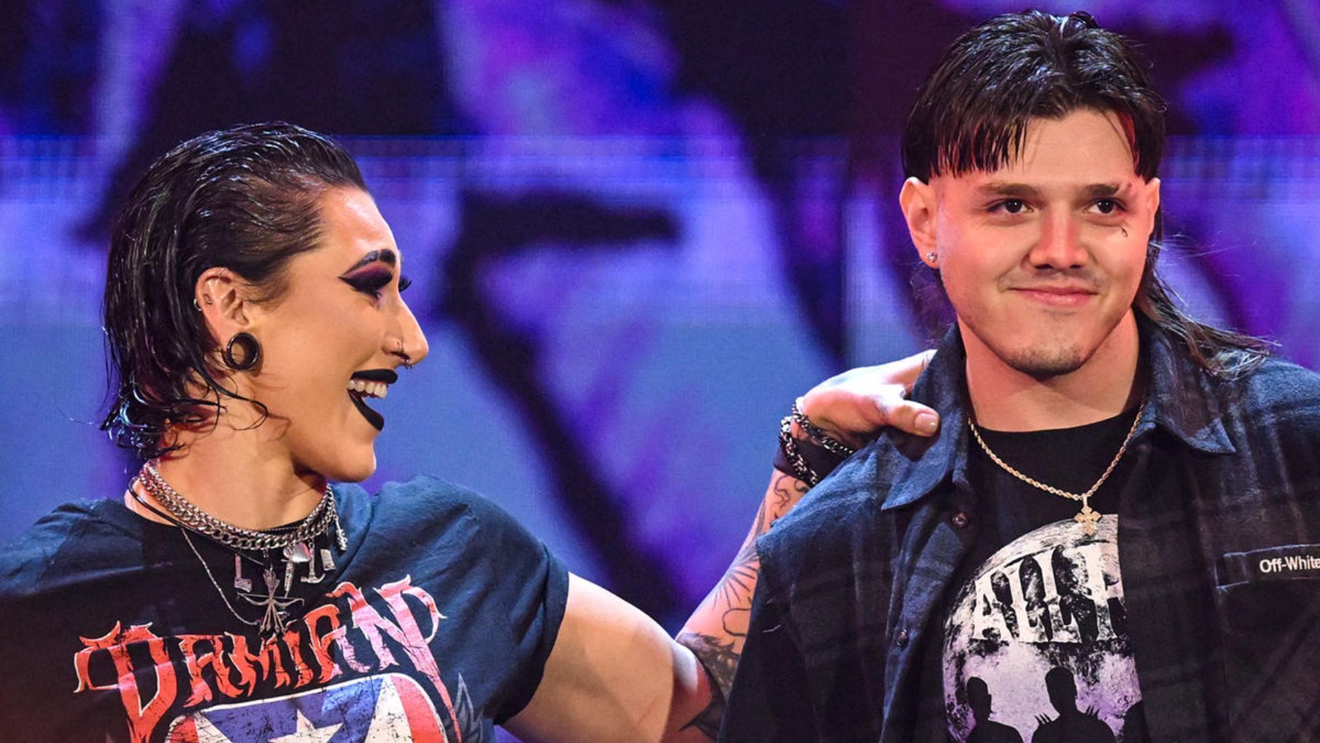 Rhea Ripley and Dominik Mysterio during their entrance. Image Credits: wwe.com