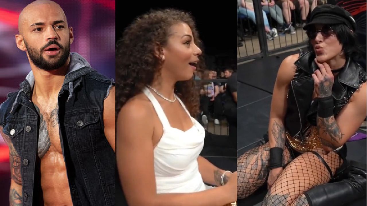 Ricochet (left); Samantha Irvin (middle); Rhea Ripley (right)