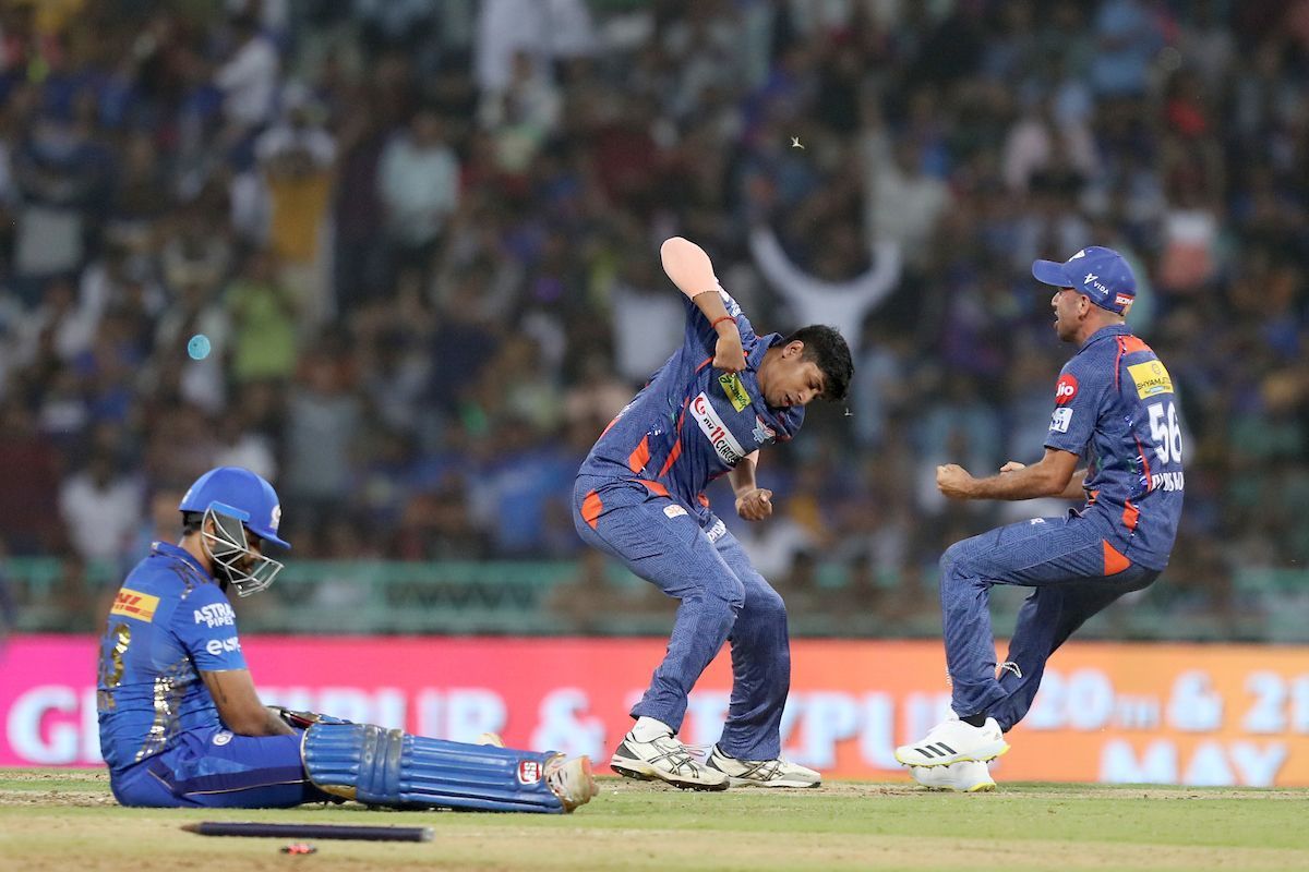 Yash Thakur celebrates after dismissing Suryakumar Yadav during IPL 2023 (P.C.:Twitter)