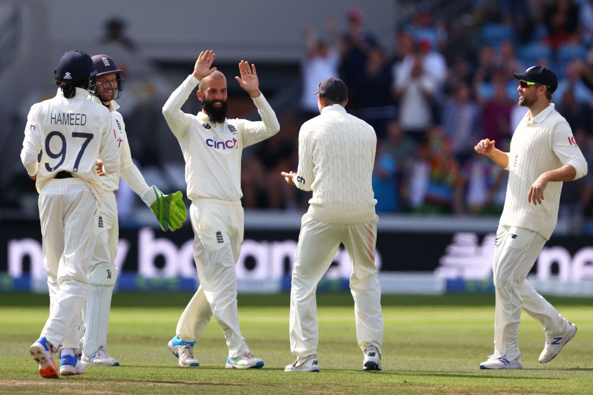 Moeen Ali celebrates a wicket with teammates. (Pic: Getty Images)