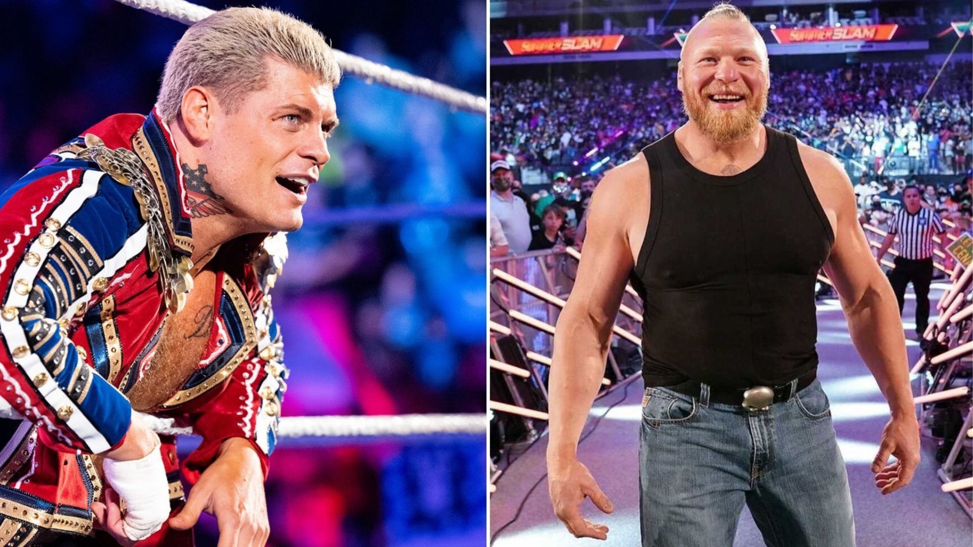 Brock Lesnar (right) and Cody Rhodes (left) are currently embroiled in a feud on WWE TV