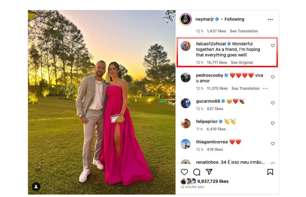 Falcao&#039;s comment on Neymar&#039;s Instagram post