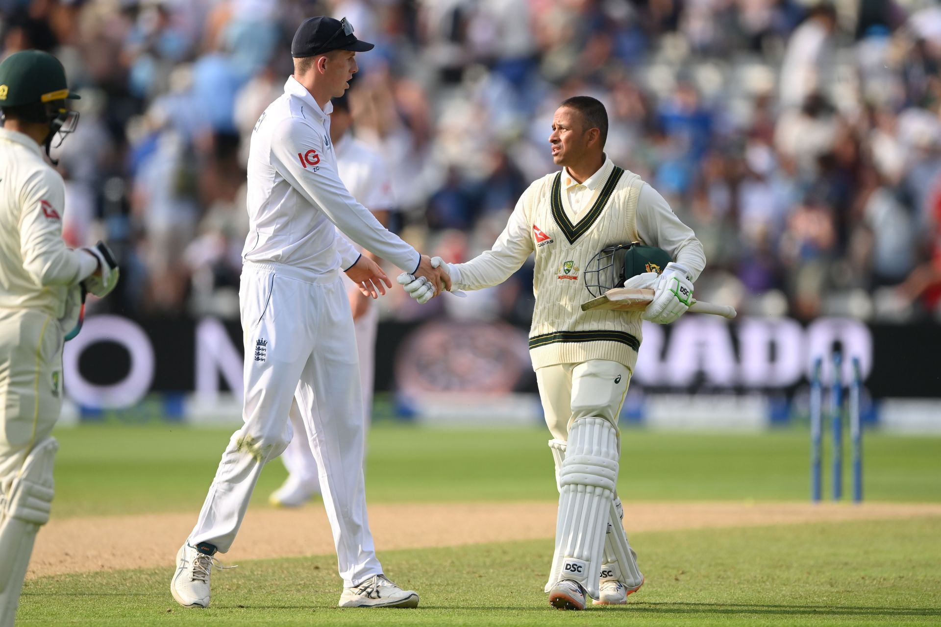 Zak Crawley congratulates the centurion after his innings. (Credits: Getty)