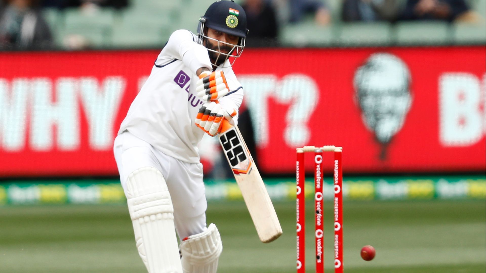 Jadeja plays an off-drive during his half-century against Australia in Melbourne.