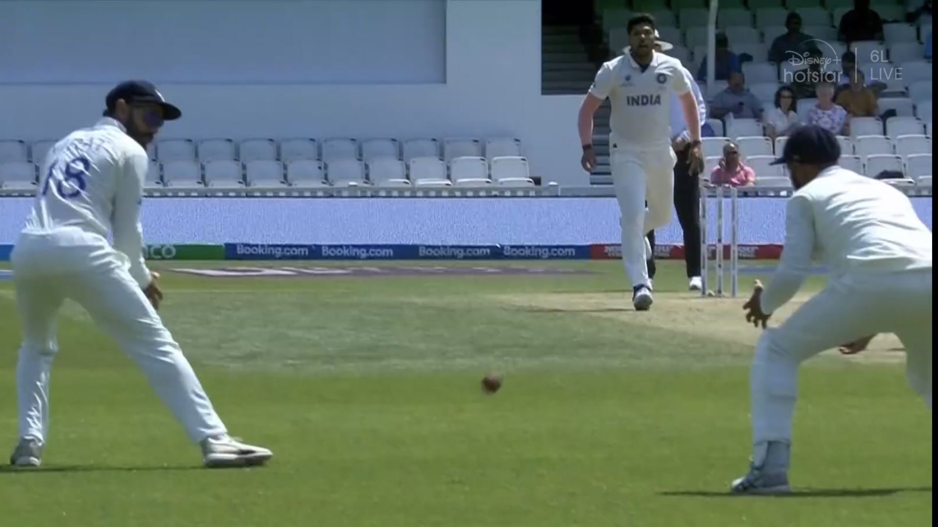 Virat Kohli (L) &amp; Cheteshwar Pujara just watched the ball go in the space between them in the slip cordon (P.C.:Twitter)