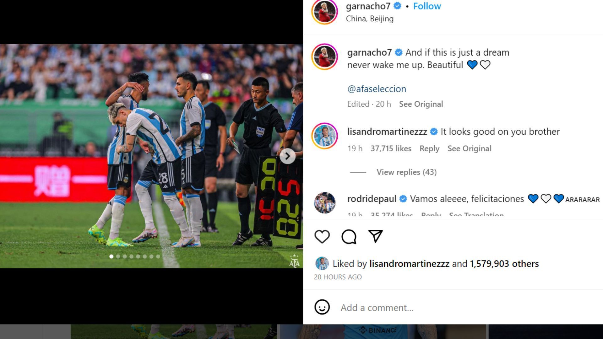 Lisnadro Martinez&#039;s comment under Alejandro Garnacho&#039;s post