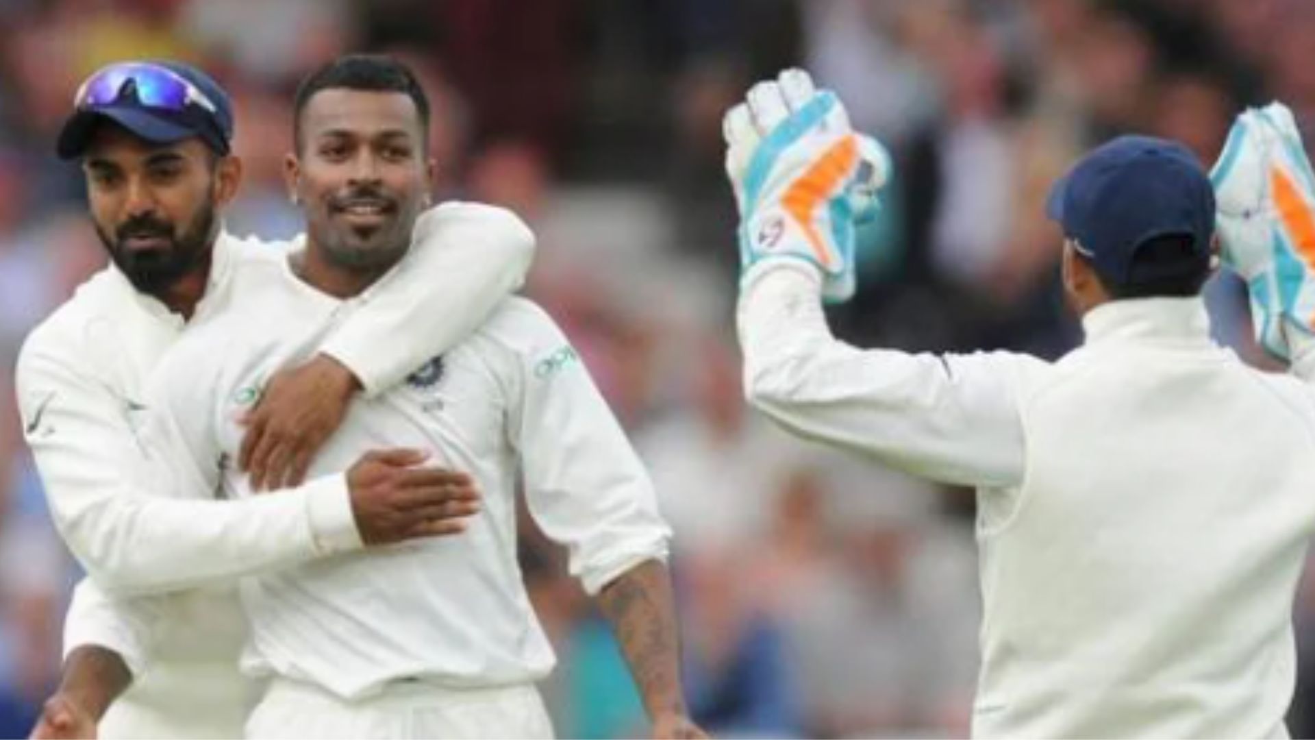 Hardik Pandya celebrates taking one of the wickets in the last Test series he was part of
