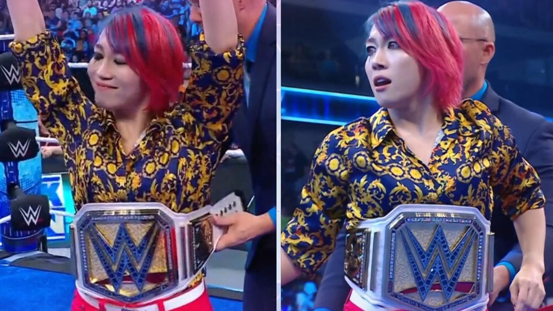 Asuka being presented with the new WWE Women