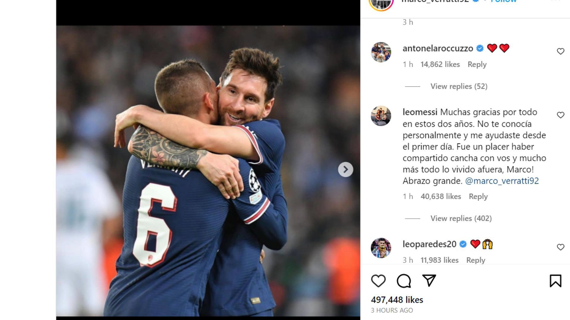 Roccuzzo commented on Verratti&#039;s post