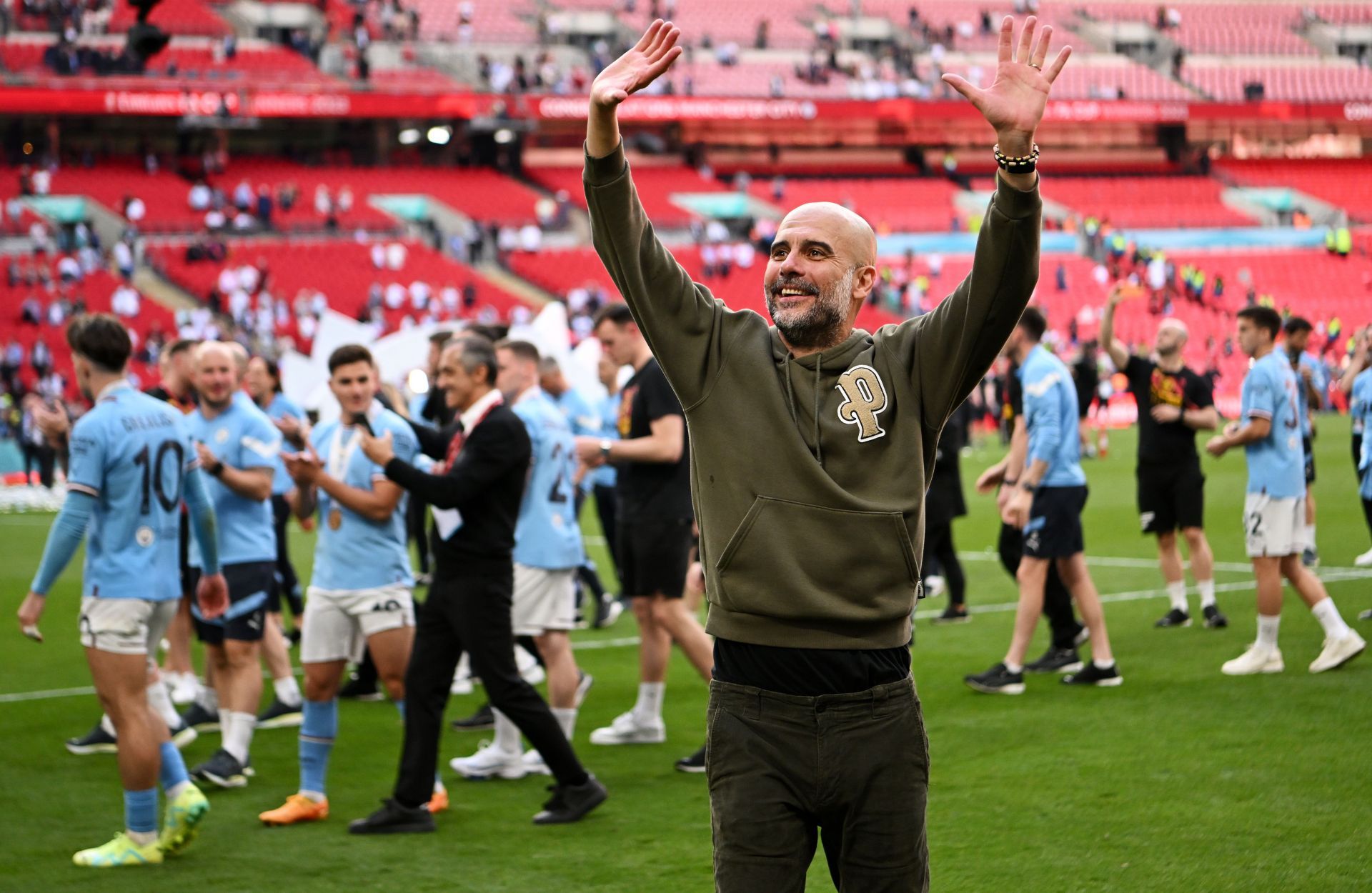 Manchester City vs Manchester United: Pep Guardiola celebrates his FA Cup final win