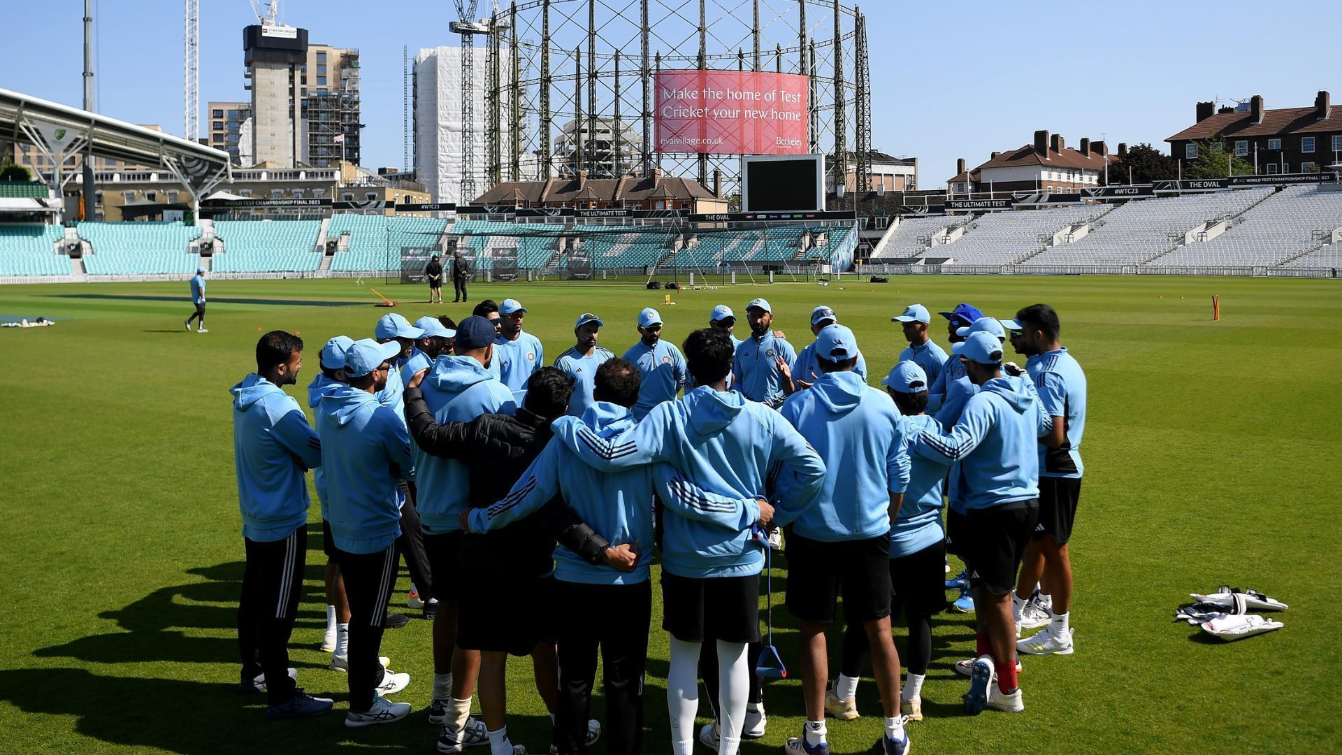 Team India in a huddle at The Oval ahead of the WTC Final (P.C.: ICC)