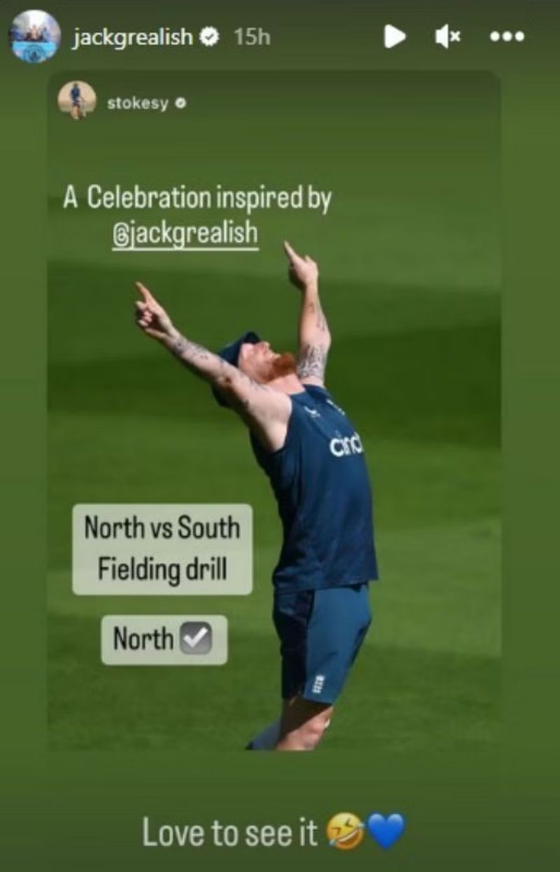 Jack Grealish responded to Ben Stokes&rsquo; post which copied his celebration. Pic: Instagram