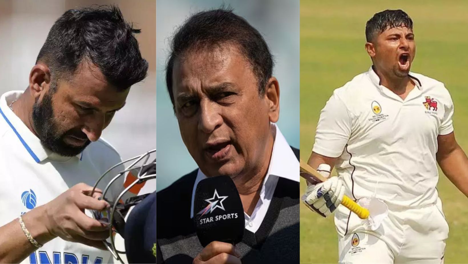 Cheteshwar Pujara, Sunil Gavaskar (C) and Sarfaraz Khan.