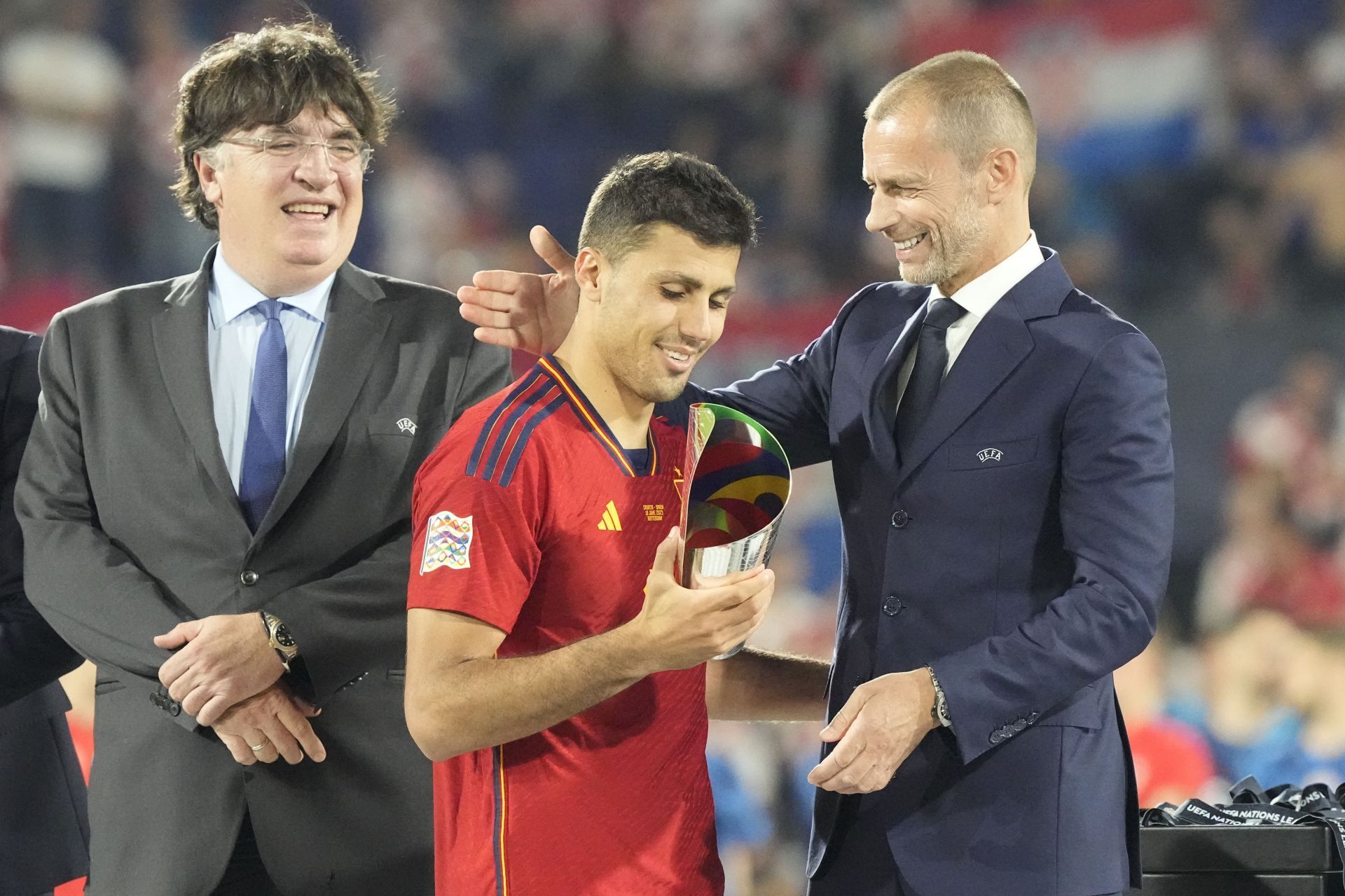 Rodri at the 2022-23 UEFA Nations League trophy presentation