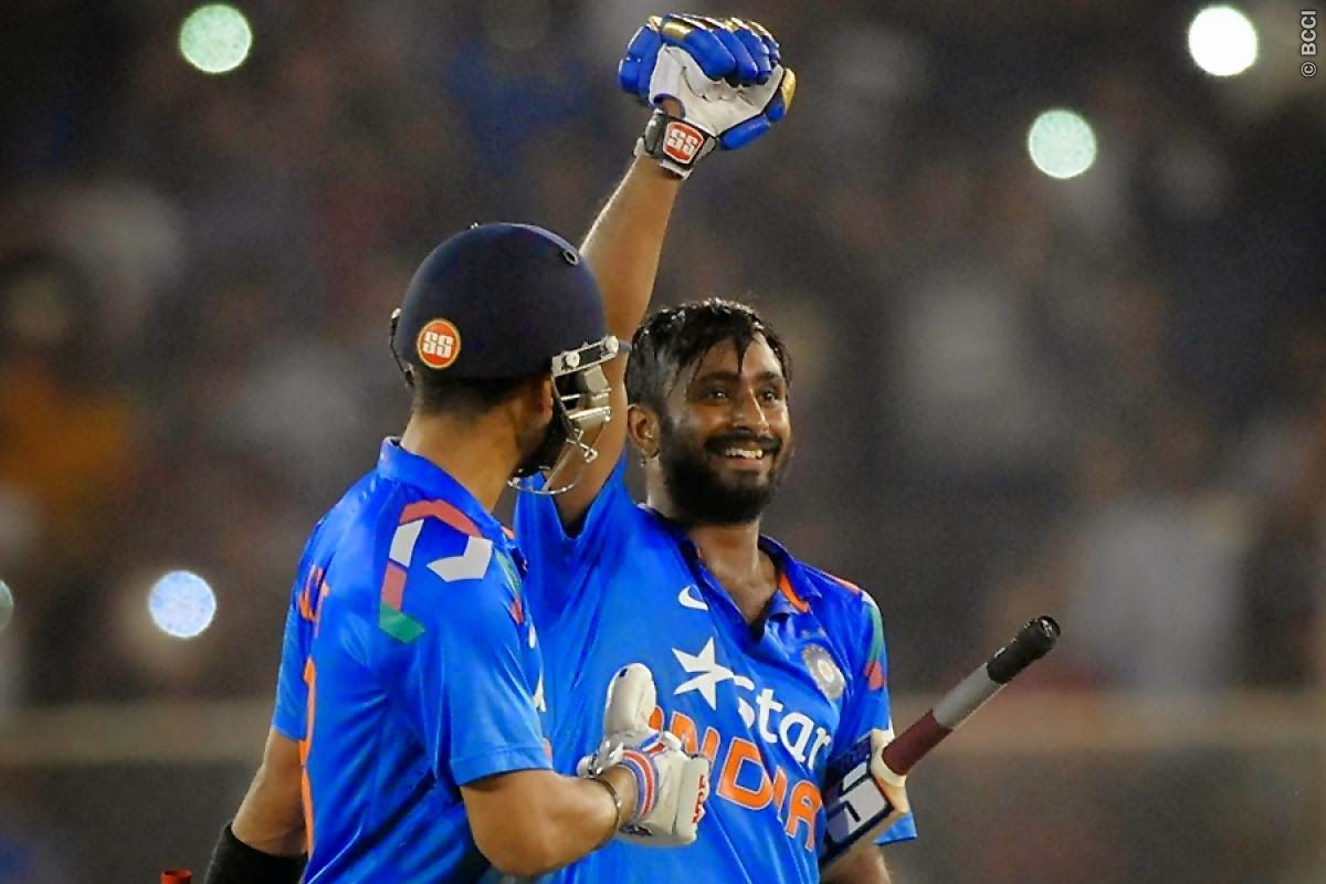 Virat Kohli (L) celebrating Ambati Rayudu (R)&#039;s first ODI ton.