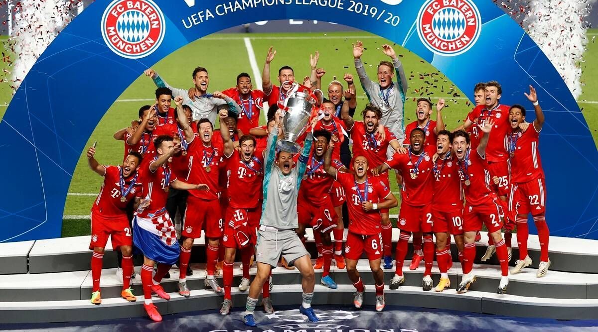 Bayern Munich celebrate after winning the 2019-20 Champions League title.
