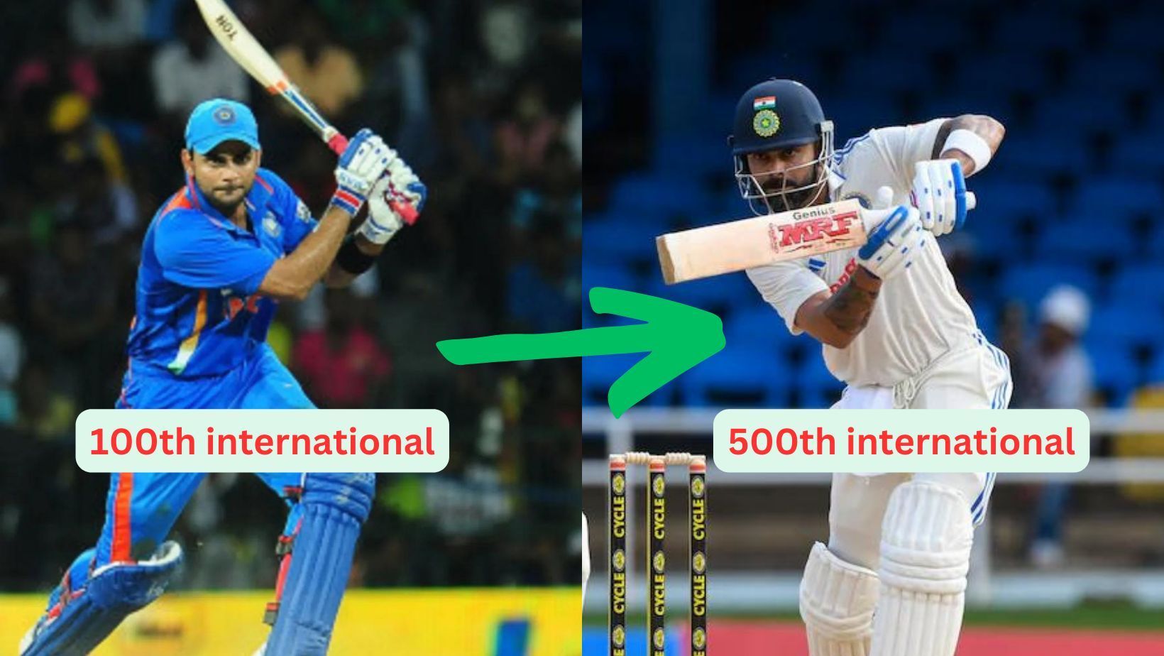 Virat Kohli during his 100th (L, AFP) and 500th international match (R, AFP)