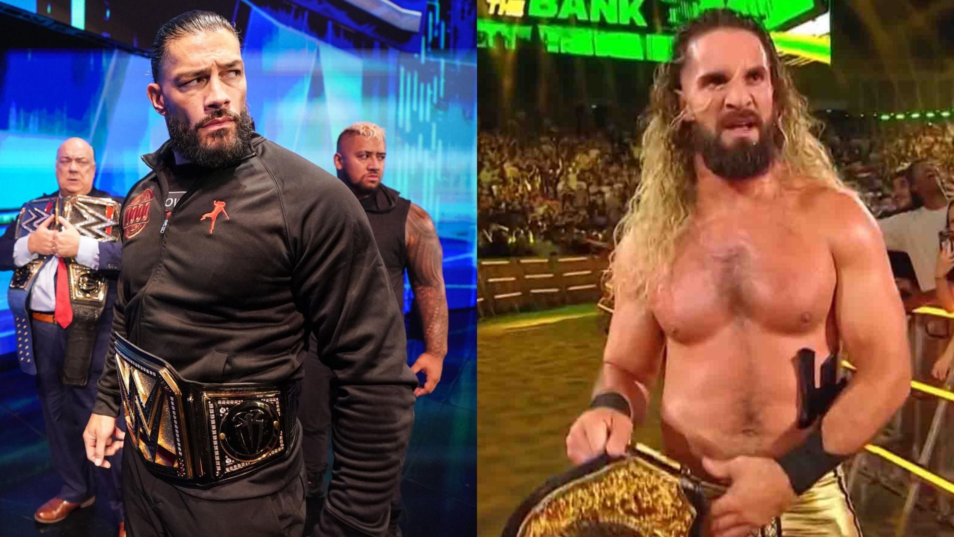 Undisputed WWE Universal Champion Roman Reigns (left) and World Heavyweight Champion Seth Rollins (right)