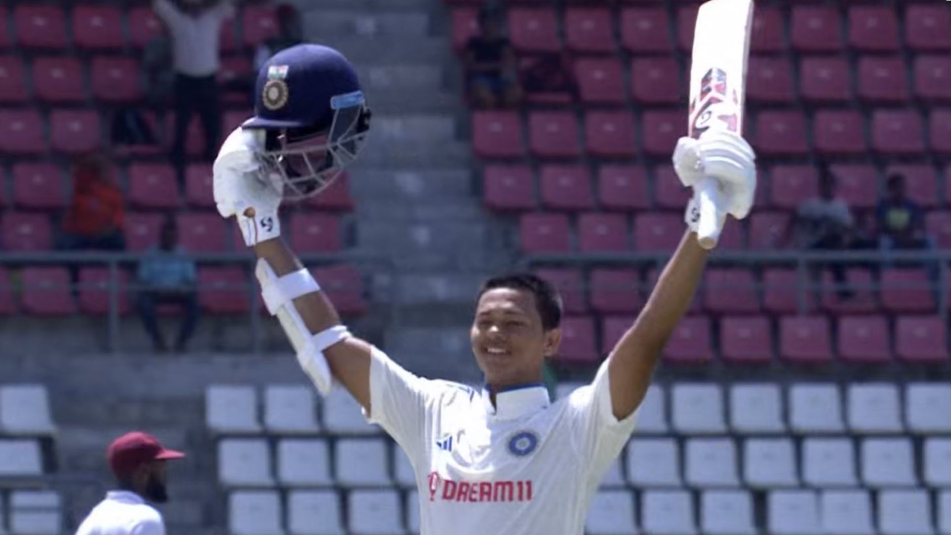 Yashasvi Jaiswal celebrates after scoring a Test hundred on debut (P.C.:Jio Cinema)