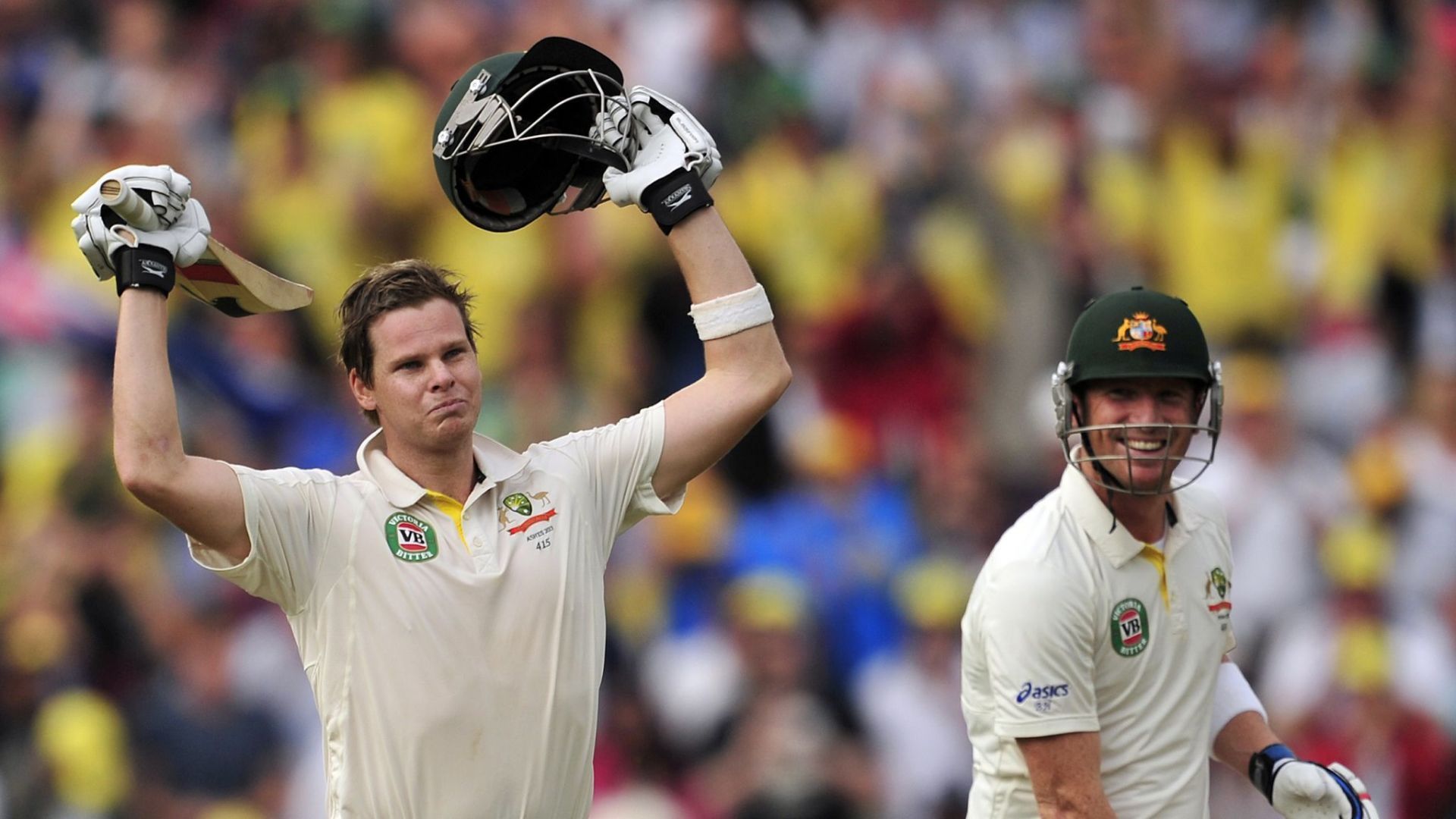 Steve Smith celebrates his maiden Test hundred.