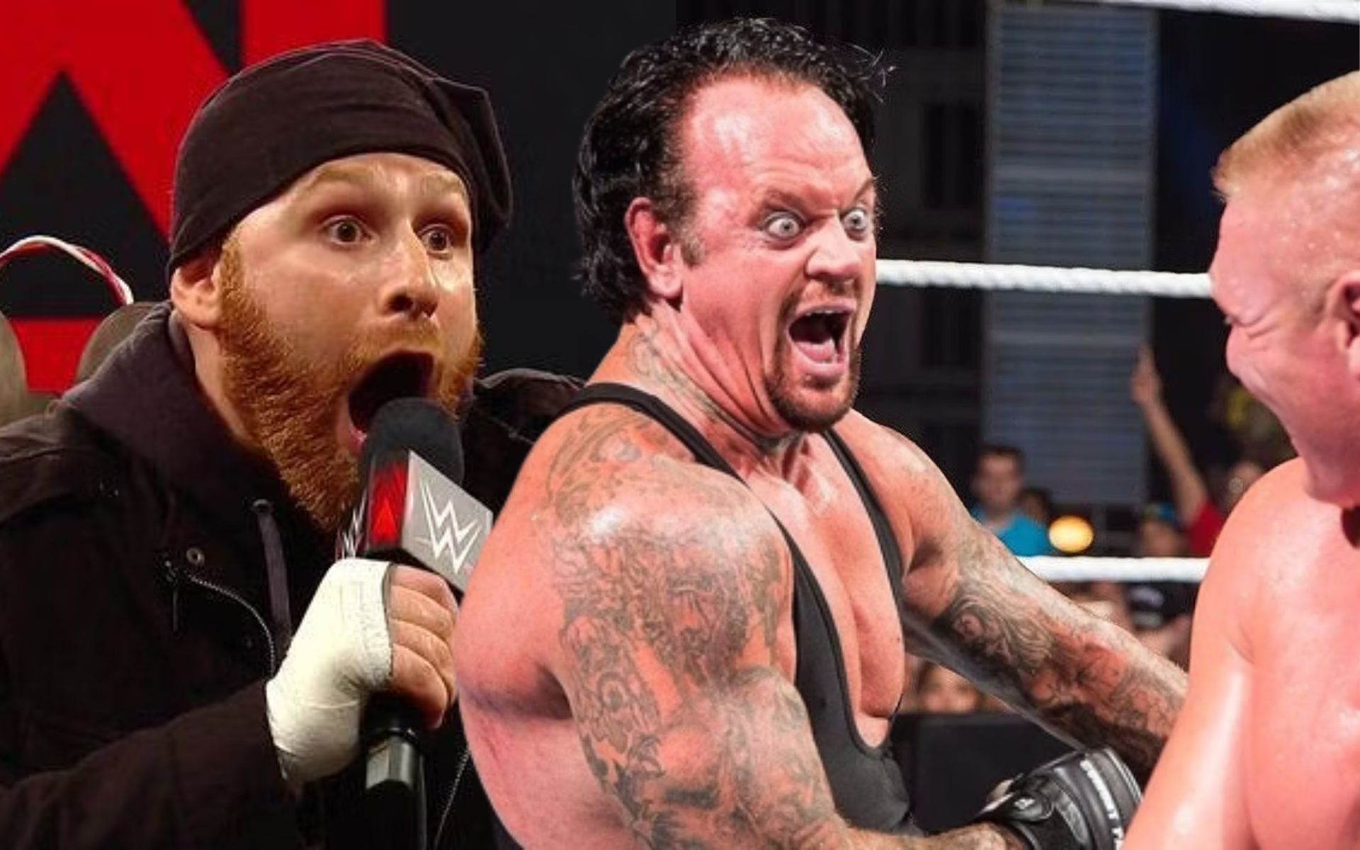 Sami Zayn mentions AEW (L); The Undertaker and Brock Lesnar laughing at each other (R).