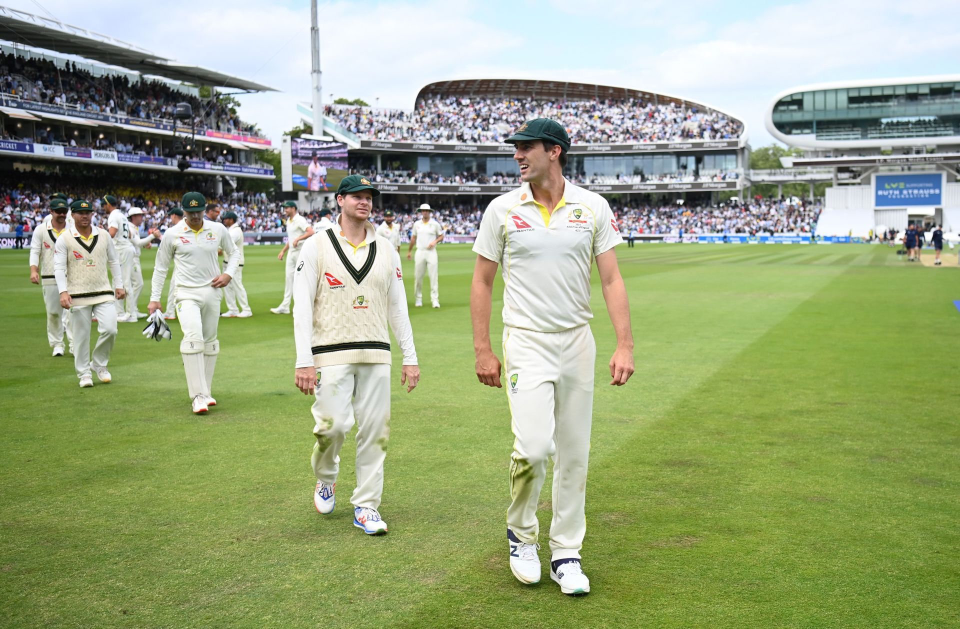 Australian captain Pat Cummins leads Australia off the field. (Credits: Getty)