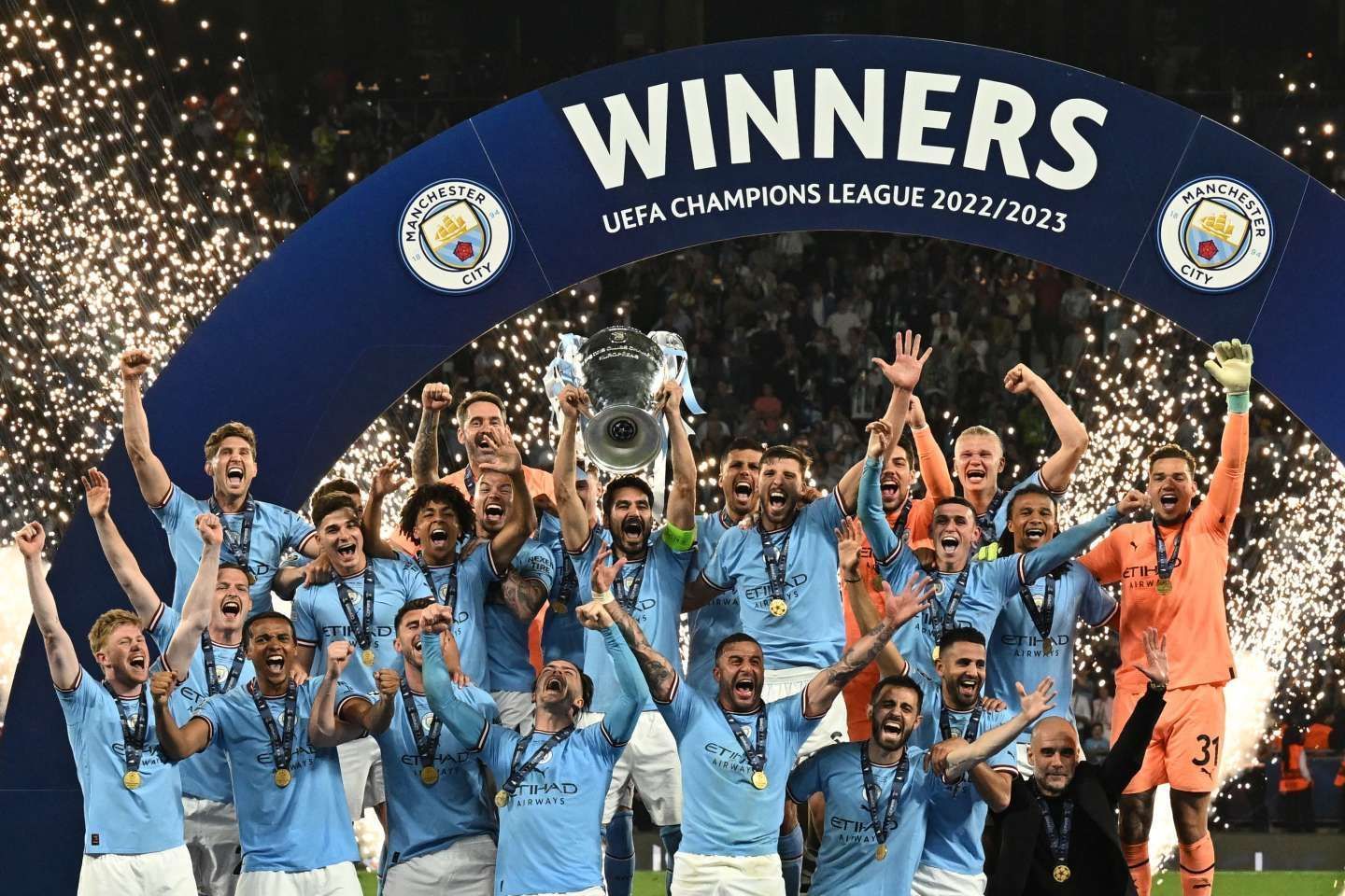 Manchester City celebrate their first-ever Champions League title win.
