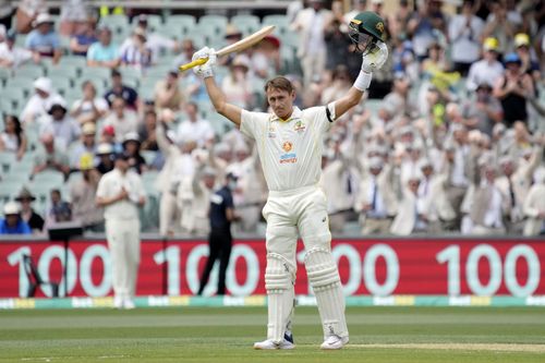 Marnus Labuschagne celebrates his Adelaide ton in 2021.