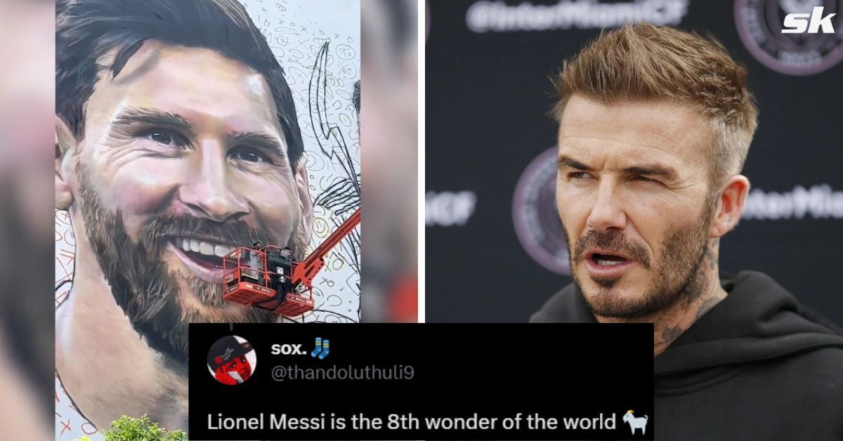 Fans have reacted to David Beckham [right] being spotted painting a massive mural of Lionel Messi. 