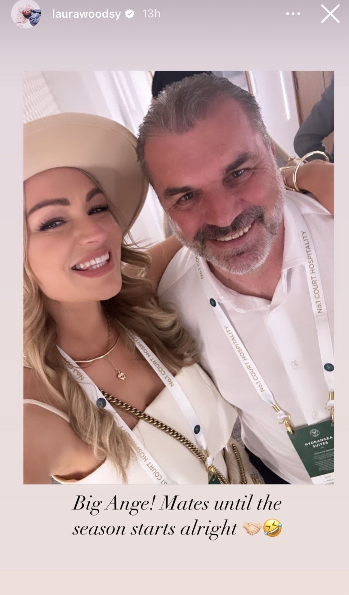 Laura Woods and Ange Postecoglou were all smiles at Wimbledon.