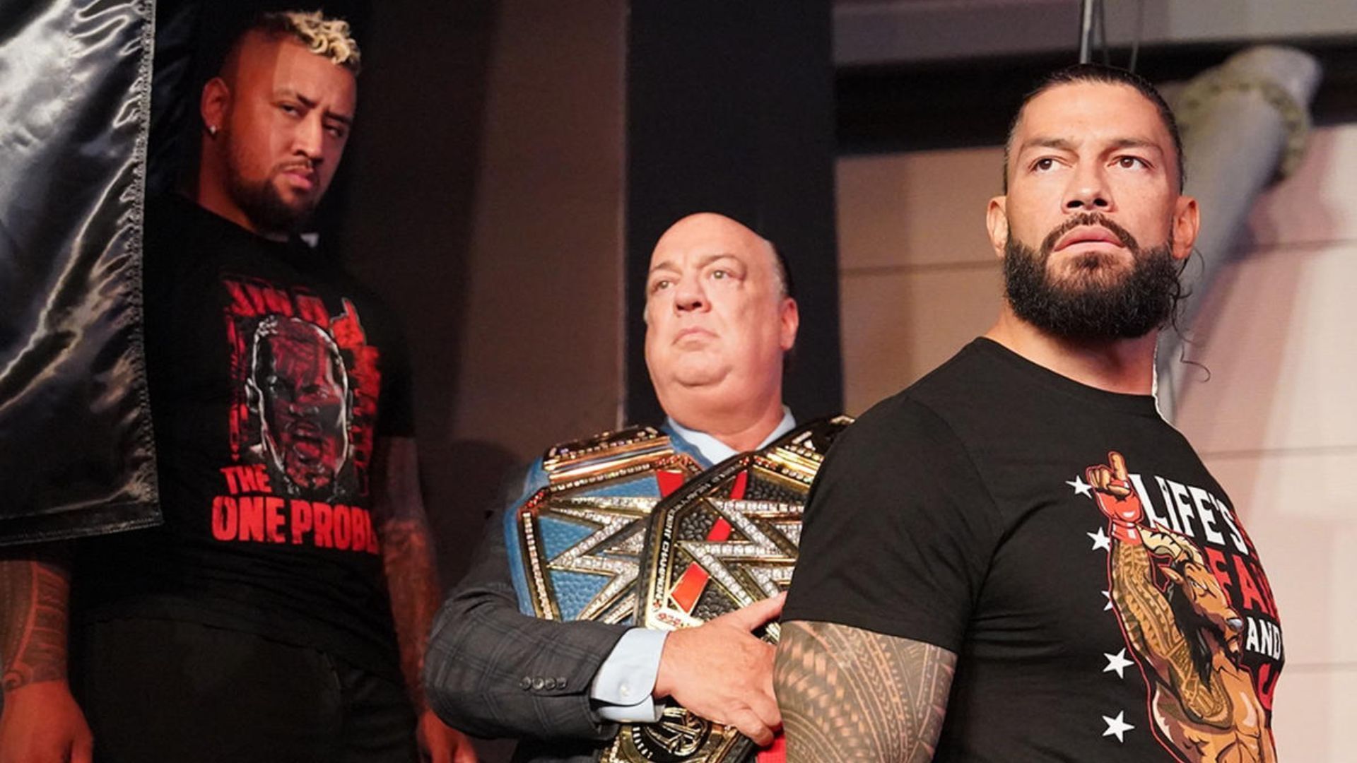 Roman Reigns and The Bloodline at a press conference. Image Credits: wwe.com 