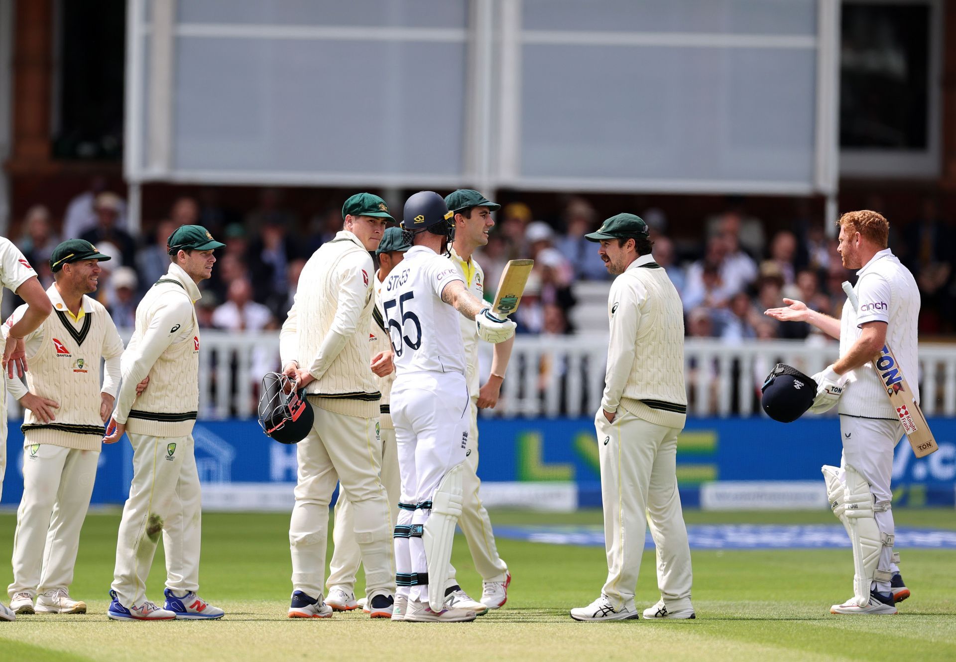 Pat Cummins discusses Jonny Bairstow’s dismissal with the England batter. (Pic: Getty Images)