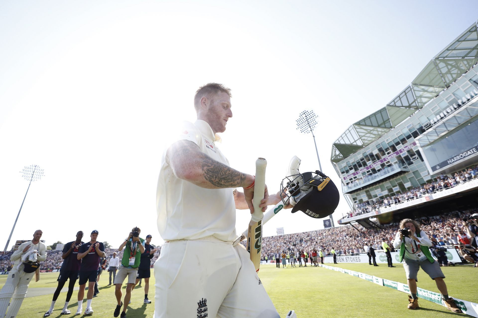 Ben Stokes of England walks from the ground after his heroics