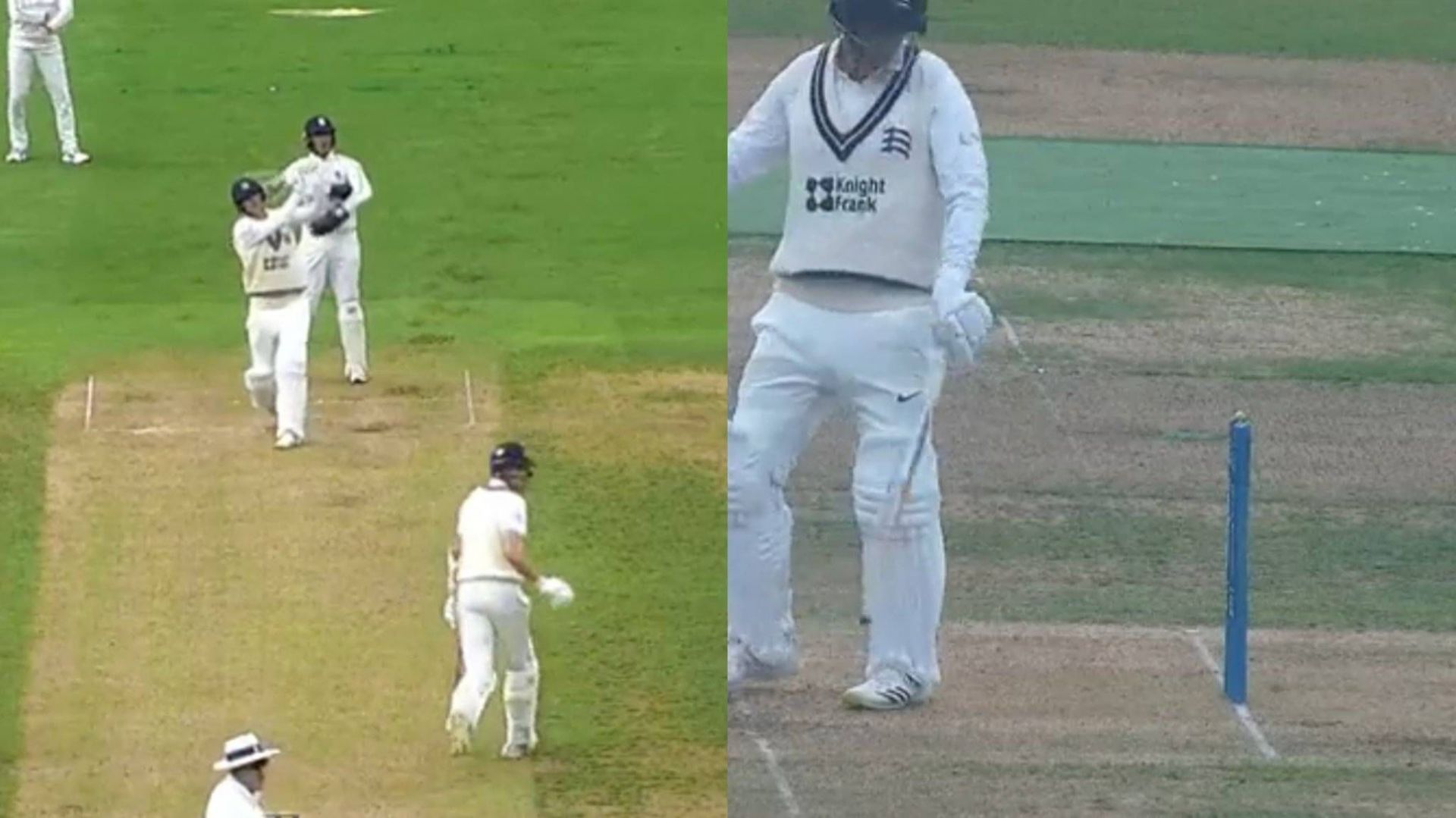 Toby Roland-Jones lost his wicket in a bizarre manner (Image: Twitter)