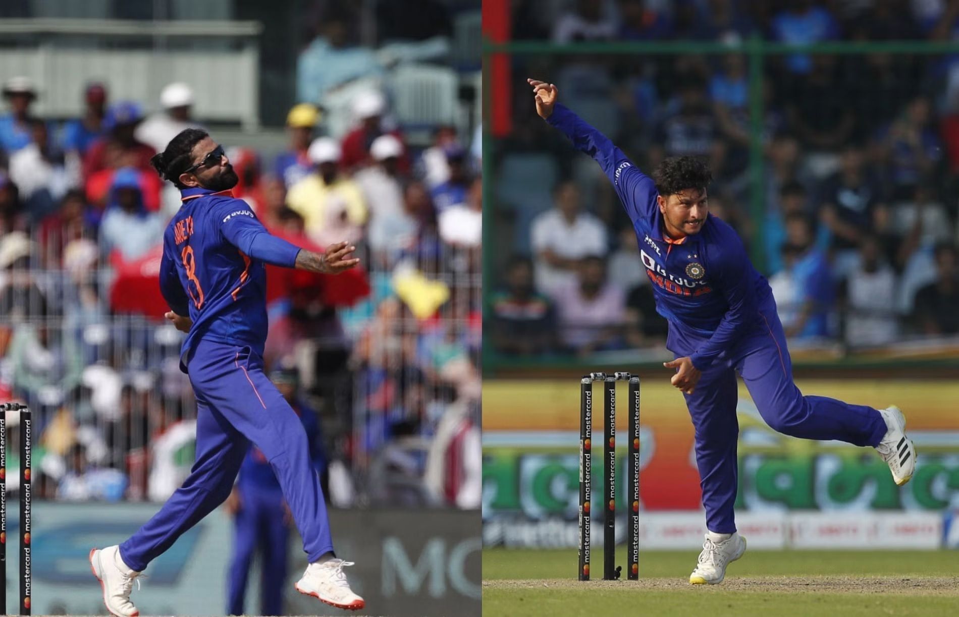 Ravindra Jadeja (left) and Kuldeep Yadav picked up seven wickets between them.