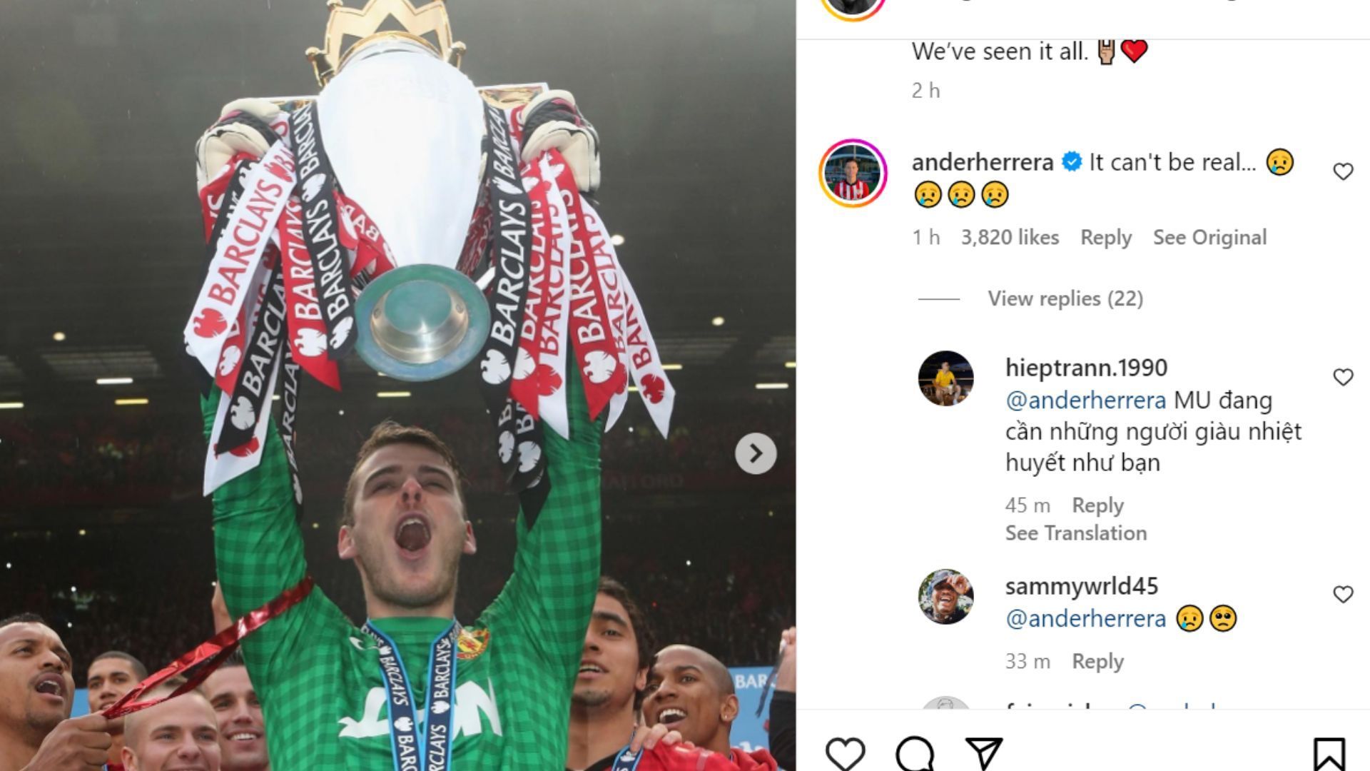 Ander Herrera's comment on De Gea's post