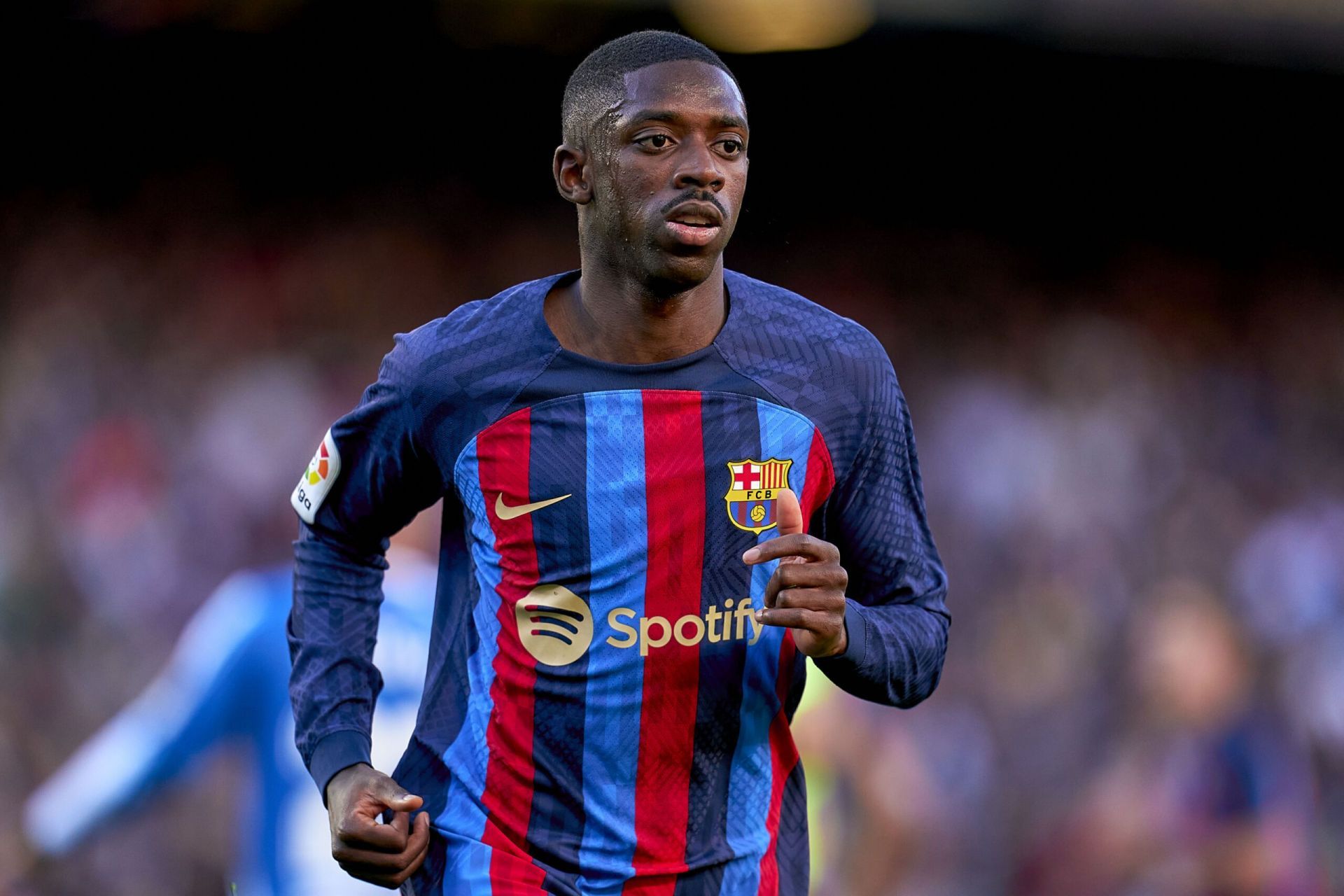 Ousmane Dembele in action for Barcelona (cred: The Real Champs)