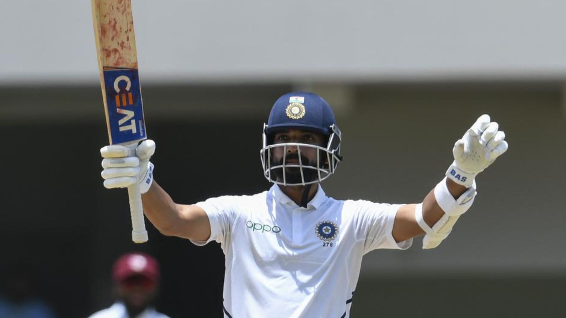 Ajinkya Rahane celebrates after his brilliant hundred in Antigua in 2019 (P.C.:Twitter)