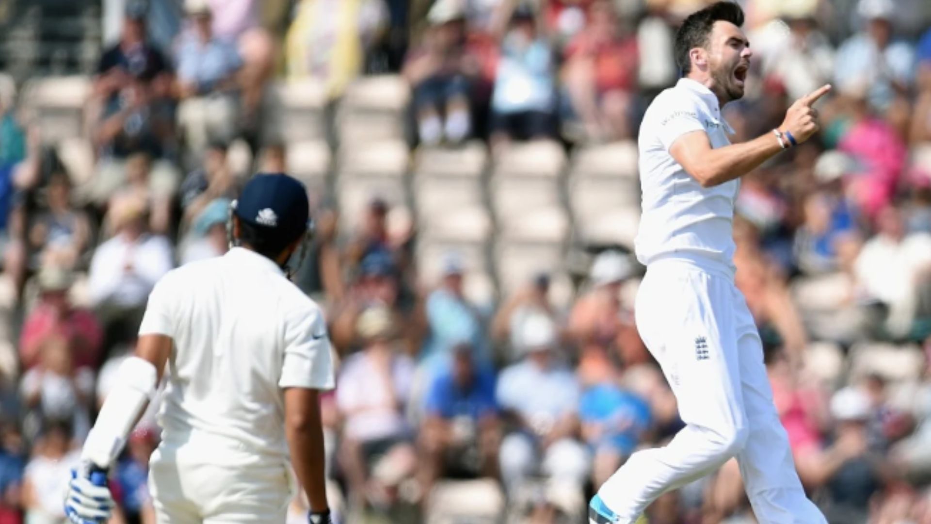 James Anderson celebrates the wicket of Rohit Sharma during the Test in Rose Bowl.