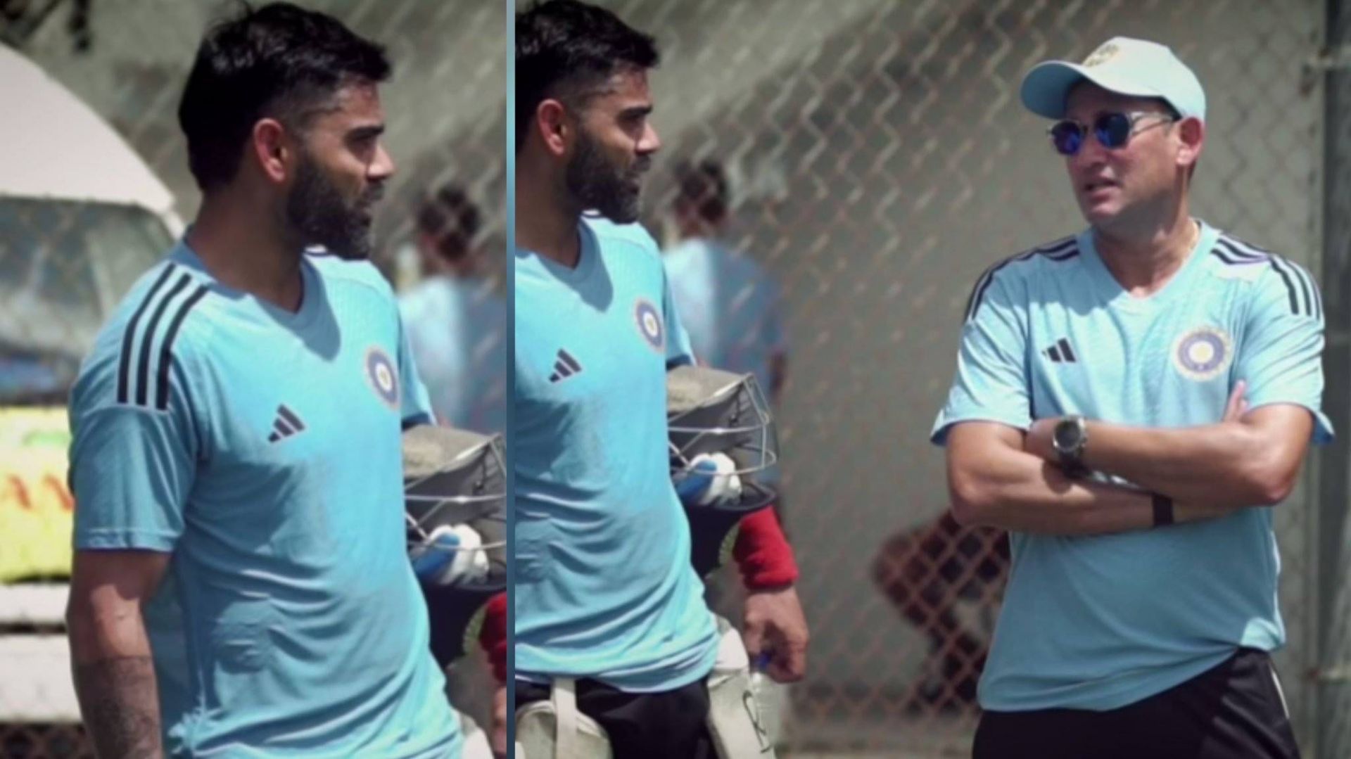 Virat Kohli caught up with Ajit Agarkar at the Kensington Oval (Image: BCCI/Twitter)