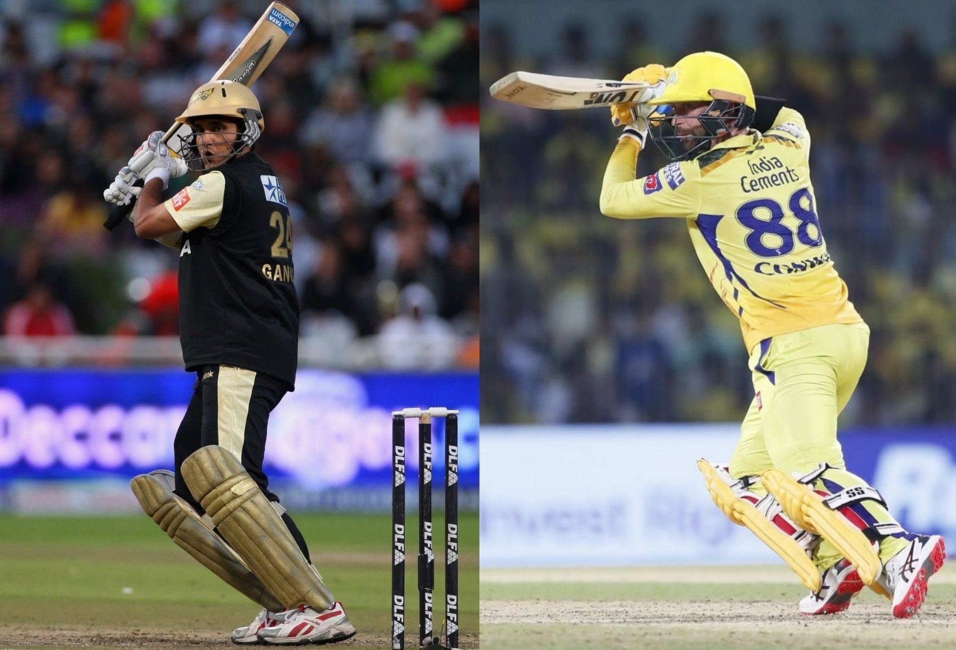 Sourav Ganguly (left) playing for KKR and Devon Conway (right) batting for CSK. (Pics: Getty Images)