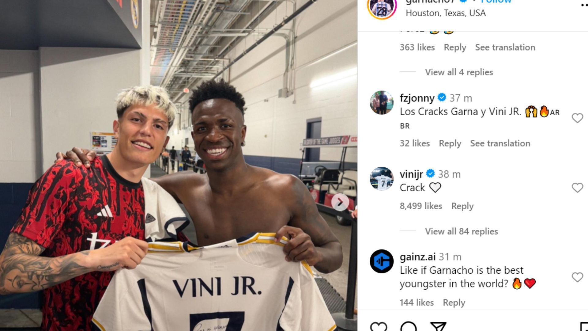 Vinicius&#039; comment under Garnacho&#039;s post