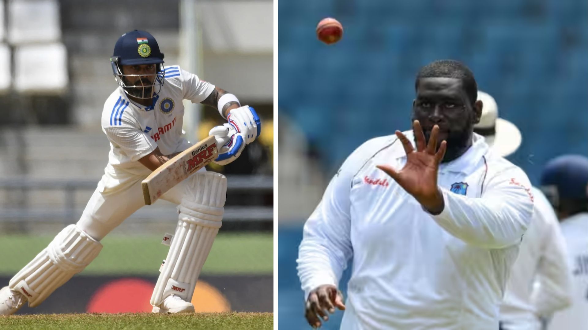 Virat Kohli (L) was dismissed by Rakheem Cornwall in Dominica (P.C.:Twitter)