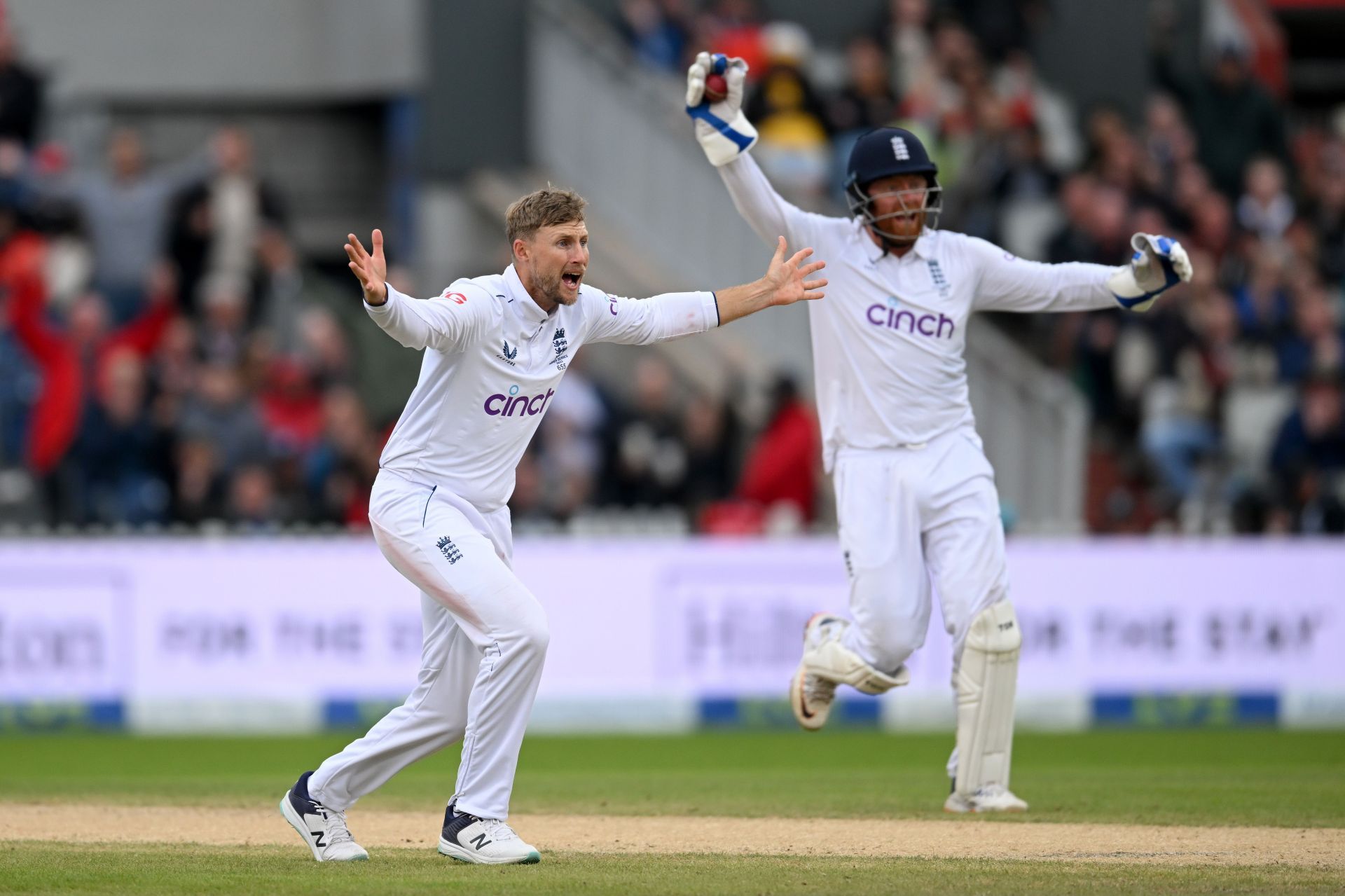 Joe Root and Jonny Bairstow appeal for the wicket. (Credits: Getty)