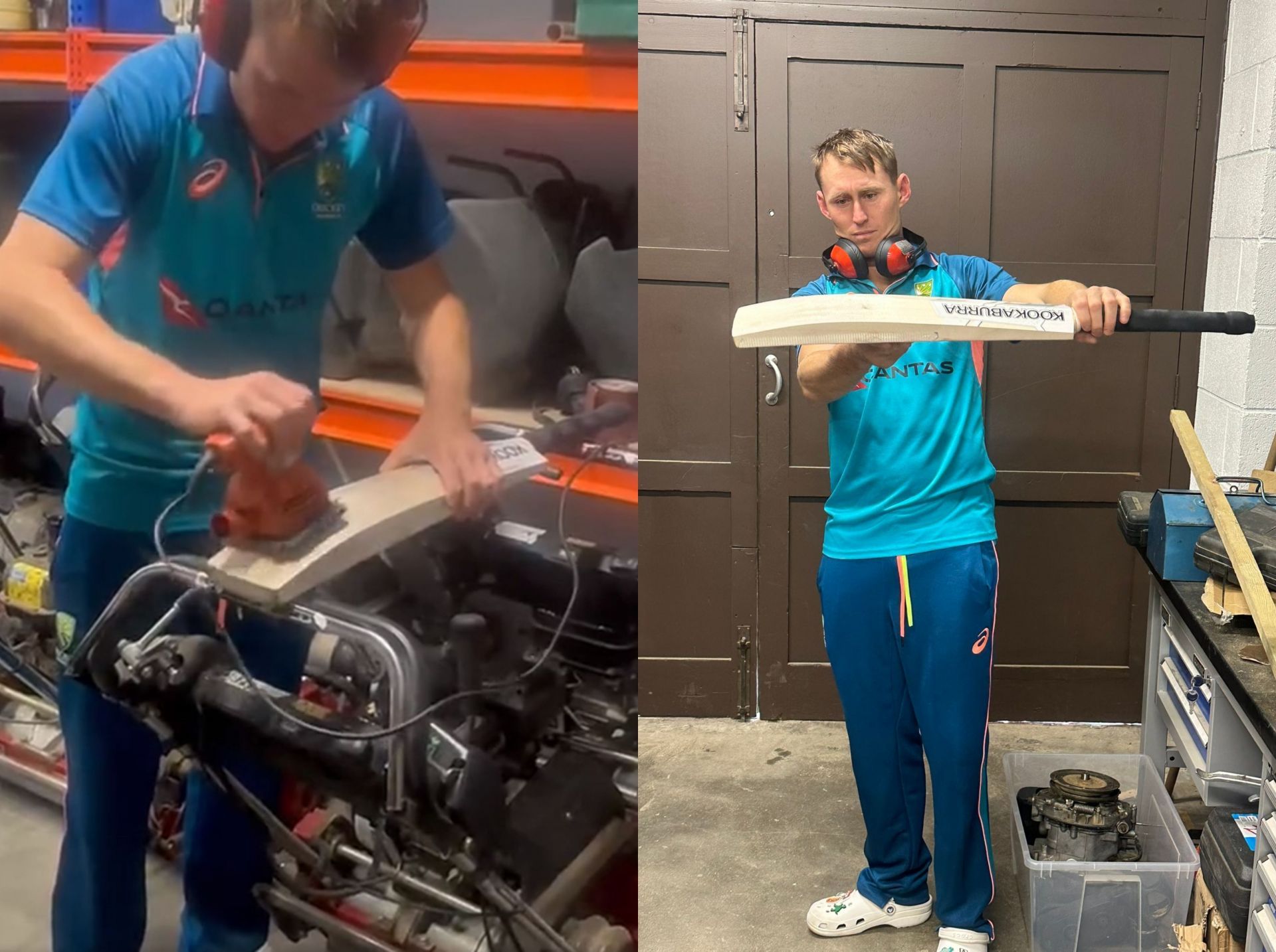 Marnus Labuschagne working on his bat in a shed. 