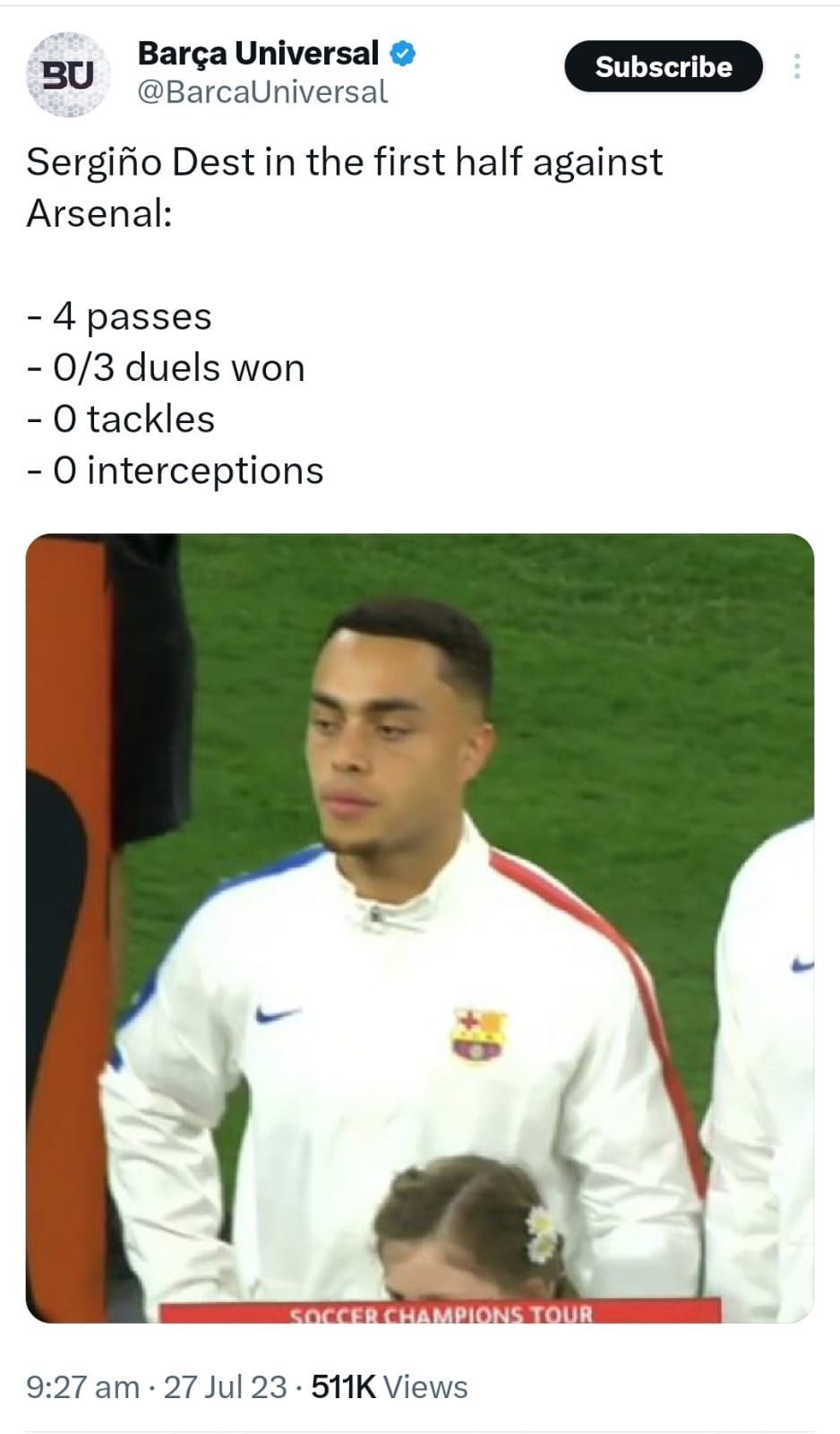 A Twitter post outlining Sergino Dest&#039;s first-half stats against Arsenal.