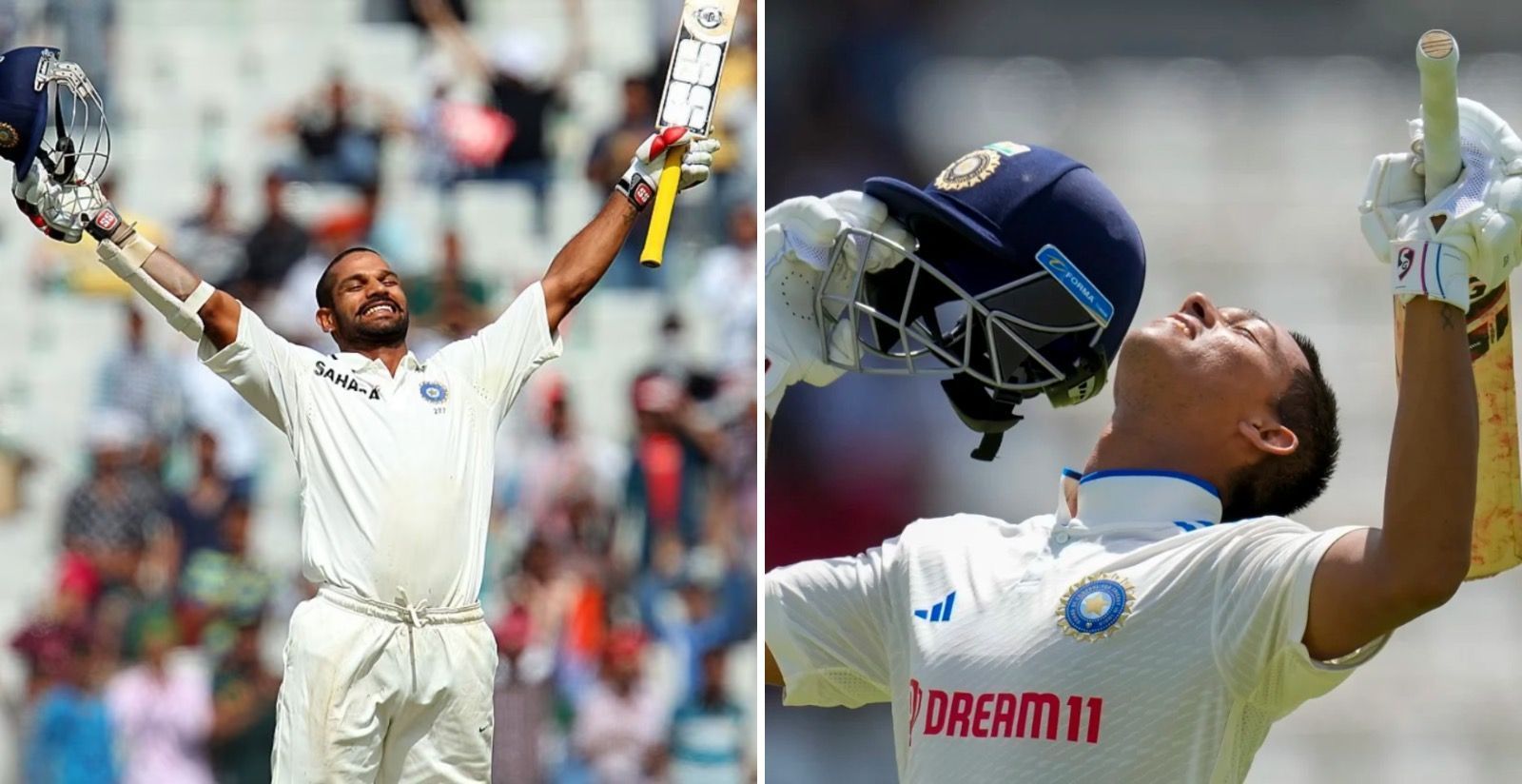 Shikhar Dhawan (L) &amp; Yashasvi Jaiswal (R) are the only two Indian openers to score 150 on Test debut 