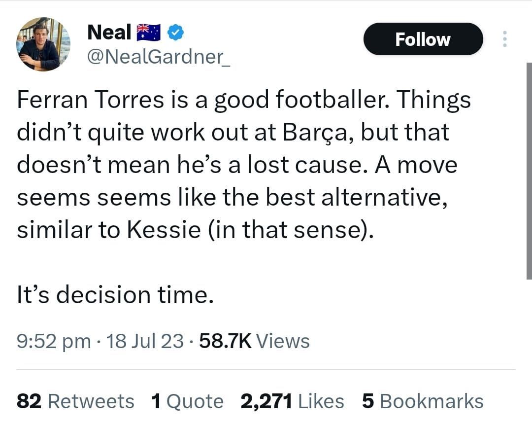 A fan explains why Torres needs to depart Barcelona on Twitter.