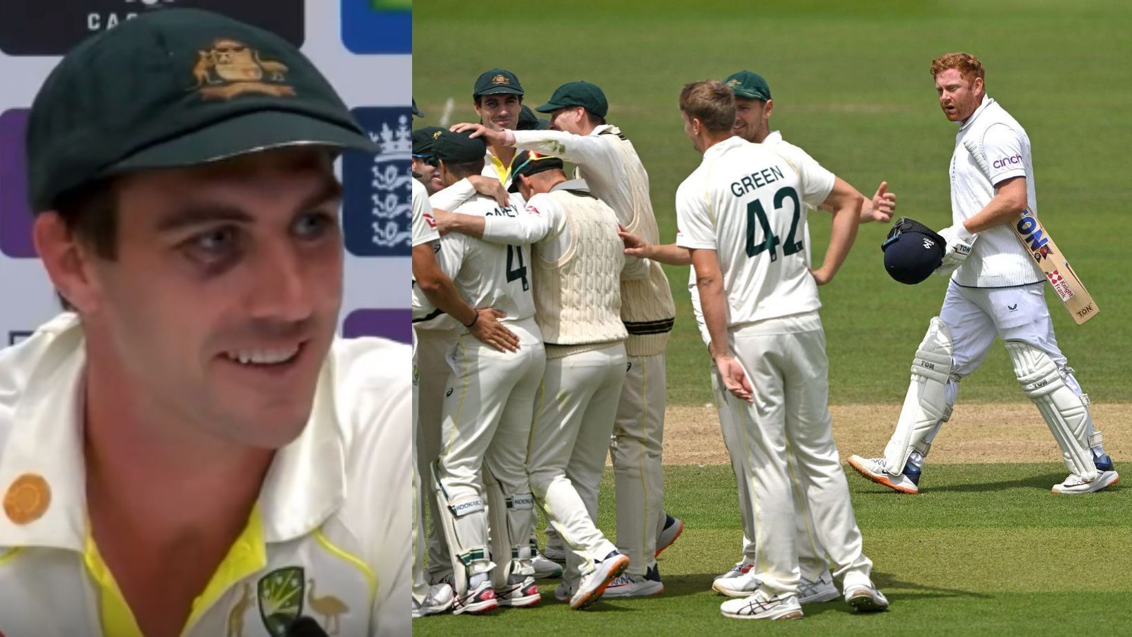 Pat Cummins (L) and Jonny Bairstow after his stumping (R).