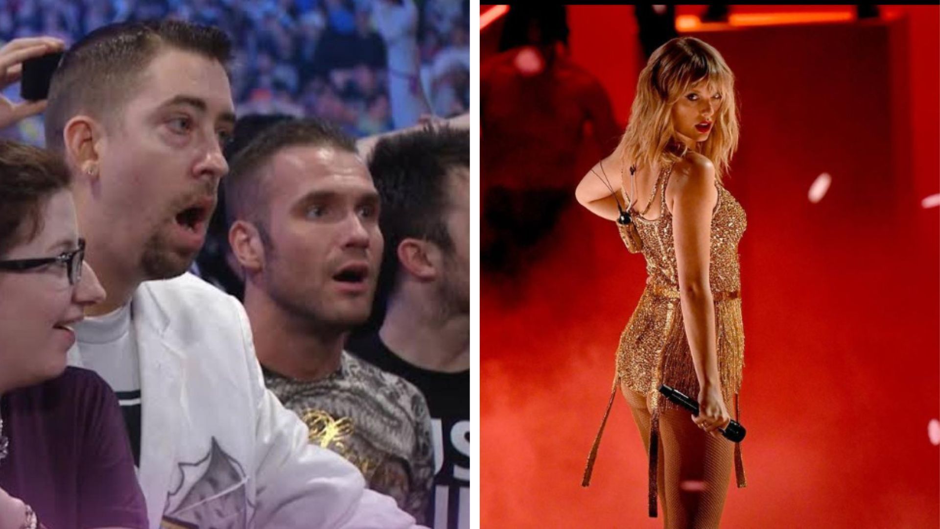 WWE fans stunned on the left, Taylor Swift on the right